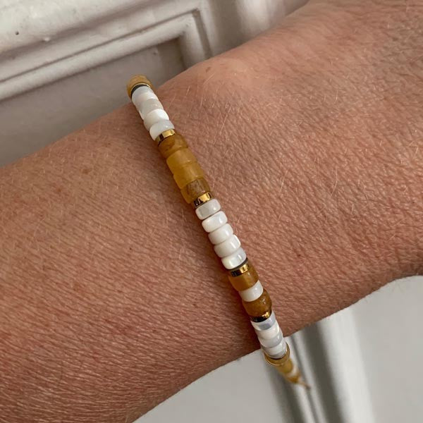 White mother-of-pearl and yellow aventurine Heishi bracelet