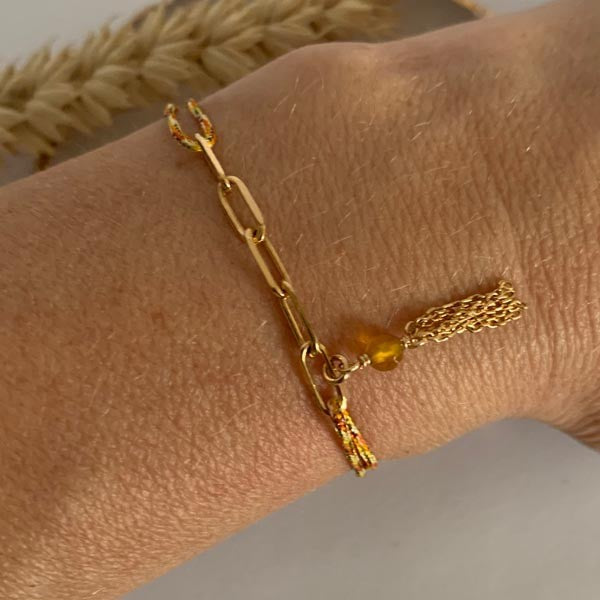 Bracelet cordon multicolore jaune 5 maillons plaqué or pompon