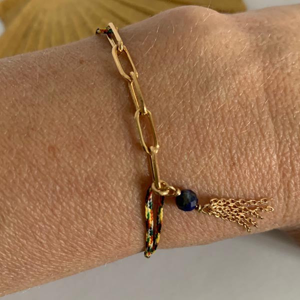 Bracelet cordon multicolore 5 maillons plaqué or pompon