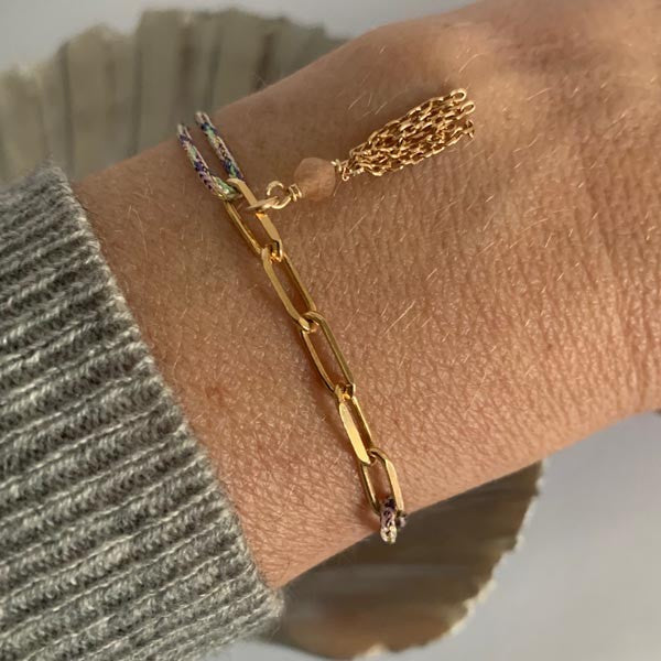 Bracelet cordon multicolore clair 5 maillons plaqué or pompon