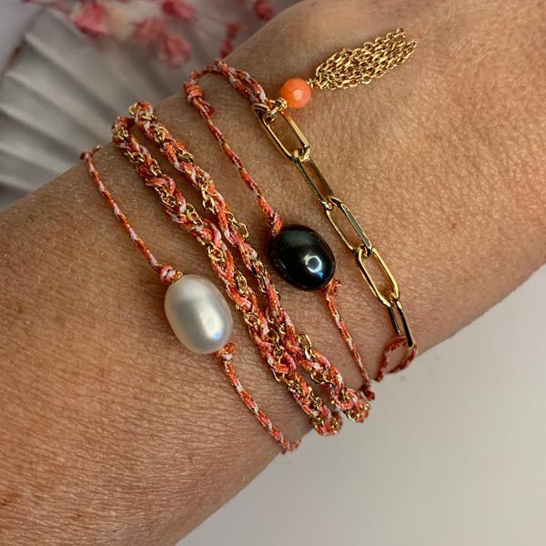 Bracelet cordon duo de perles d'eau douce ovales rose