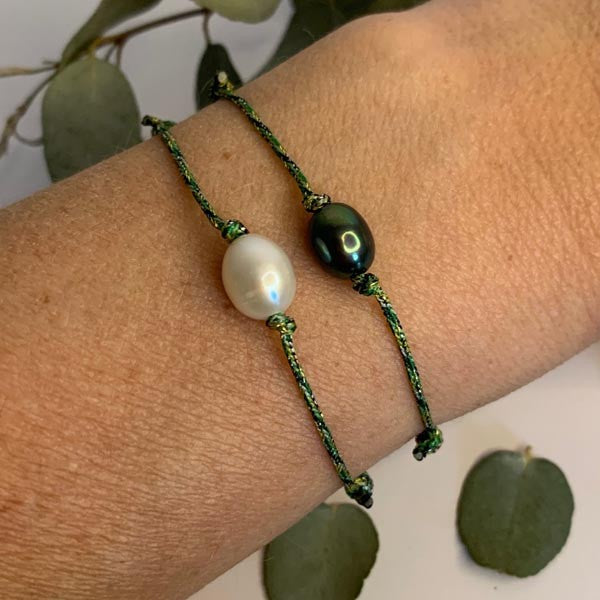 Bracelet cordon duo de perles d'eau douce ovales vert