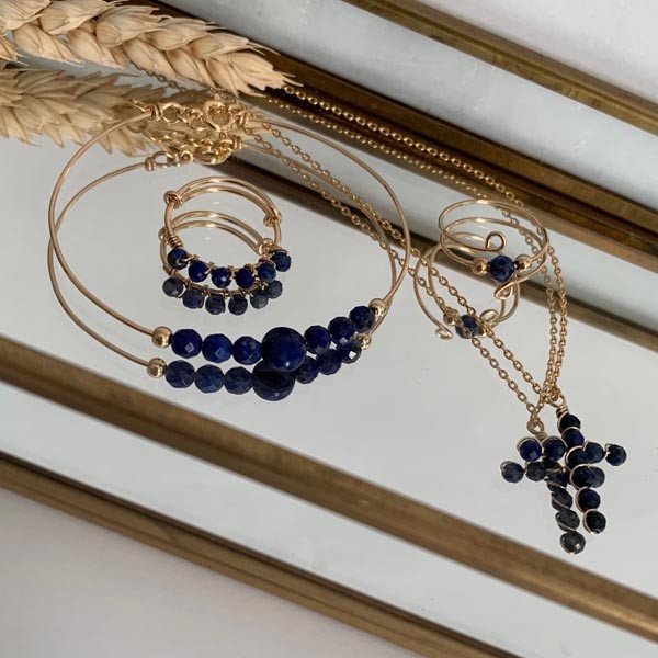 Gold plated chain necklace with small lapis lazuli cross