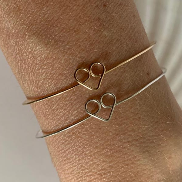 Thin silver heart bangle bracelet