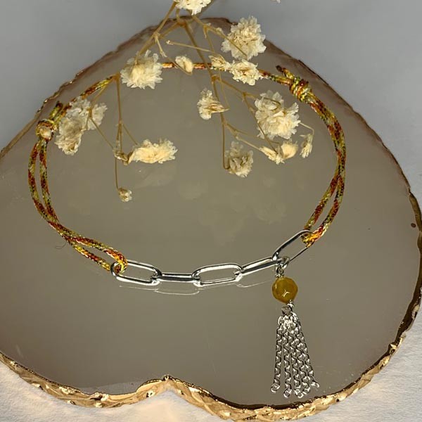 Bracelet cordon multicolore jaune 5 maillons argent pompon