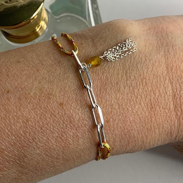 Bracelet cordon multicolore jaune 5 maillons argent pompon