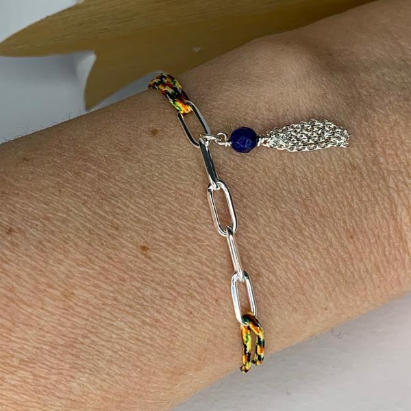 Bracelet cordon multicolore 5 maillons argent pompon