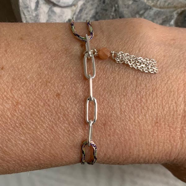 Bracelet cordon multicolore clair 5 maillons argent pompon