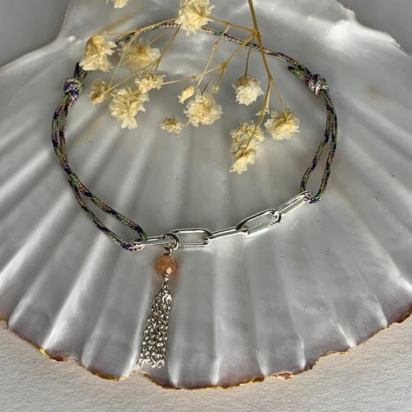 Bracelet cordon multicolore clair 5 maillons argent pompon