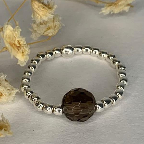 Mini silver pearl ring with smoky quartz
