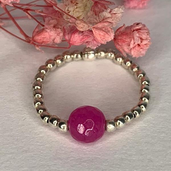 Mini silver pearl ring with pink agate