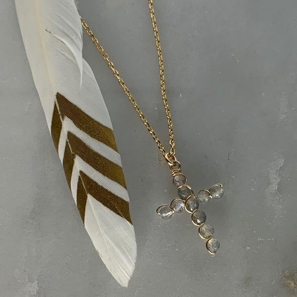 Gold plated chain necklace with small labradorite cross