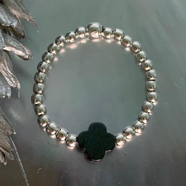 Mini silver pearl ring with small hematite cross
