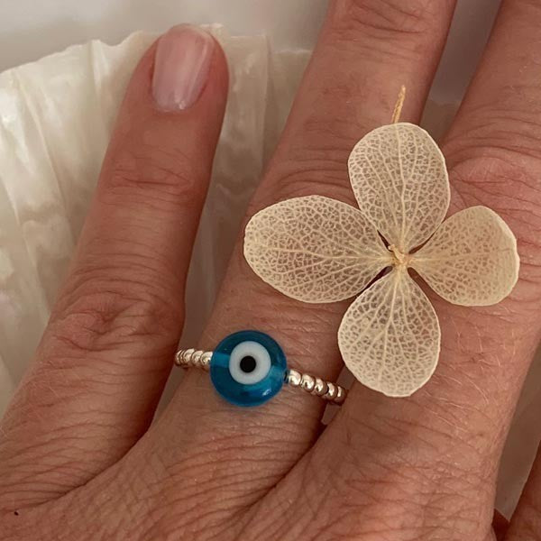 Mini silver pearl ring with turquoise eye