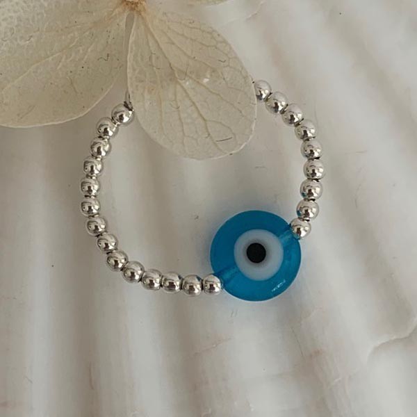 Mini silver pearl ring with turquoise eye