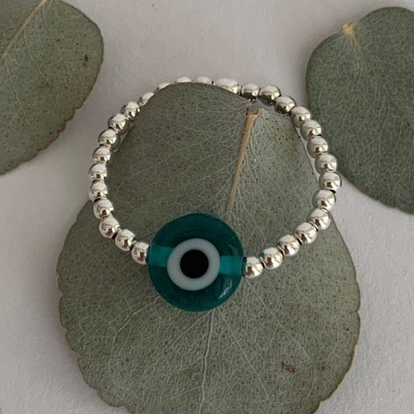 Mini silver pearl ring with duck green eye