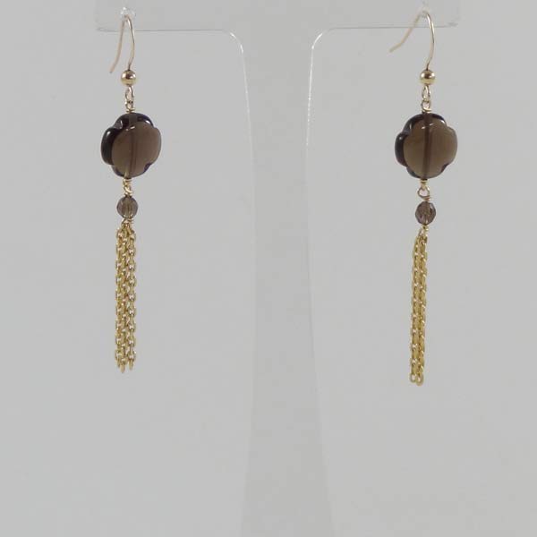 Boucles d'oreilles plaqué or pierre quartz fumé pompon