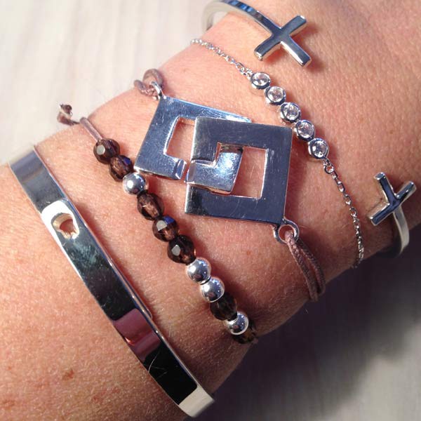 Bracelet cordon Menottes carrées argent