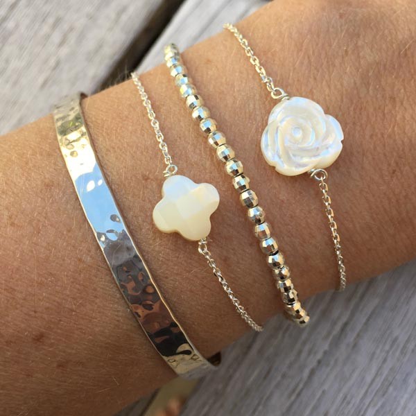 Bracelet chaine argent Rose nacre blanche