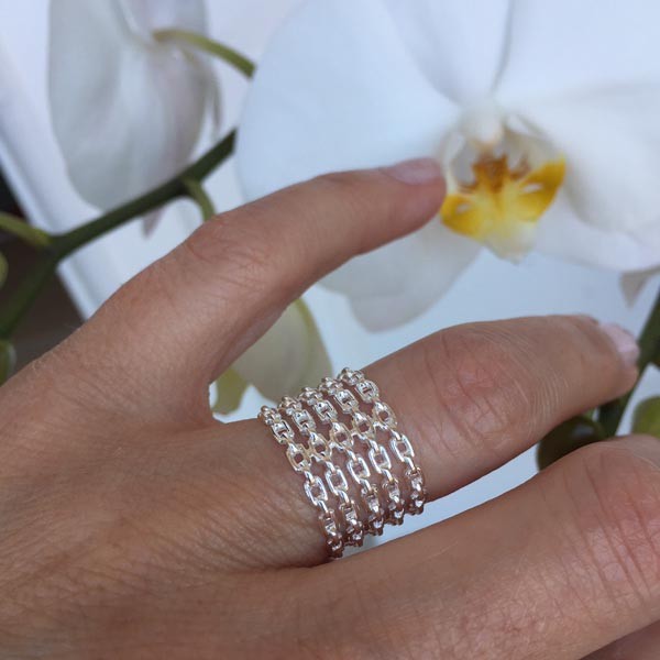 Bague large argent chaine 5 rangs