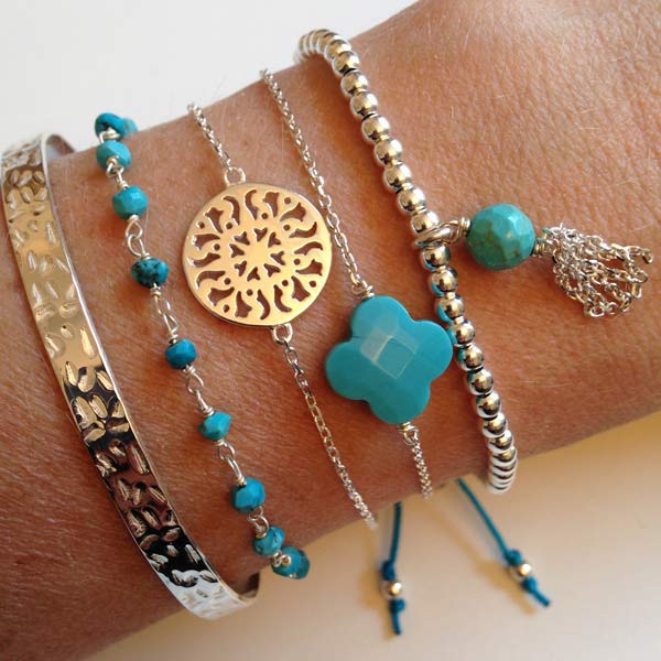 Bracelet chaine argent croix turquoise facettée