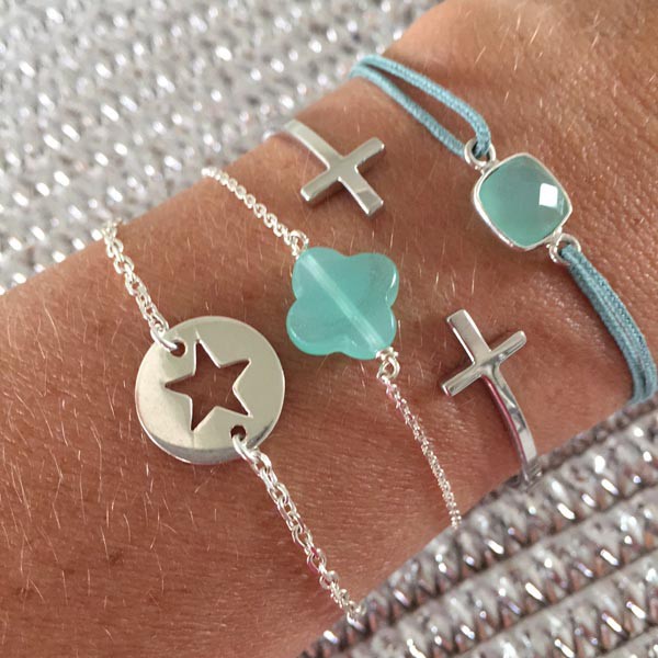 Bracelet chaine argent croix verte d'eau facettée