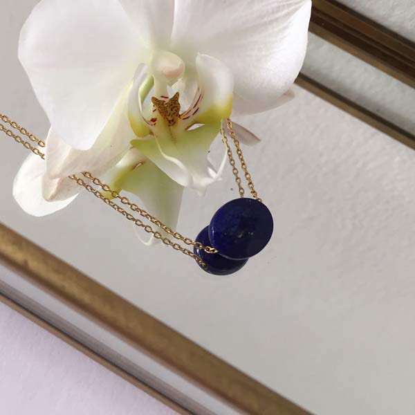Collier chaine plaqué or lapis lazuli ovale facettée