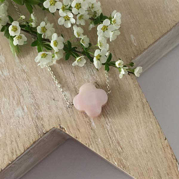 Silver chain necklace with faceted pink mother-of-pearl cross
