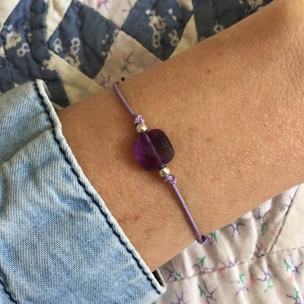 Bracelet cordon pierre carrée perles argent