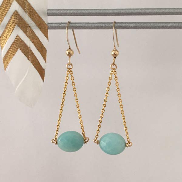 Faceted oval amazonite gold plated chain earrings