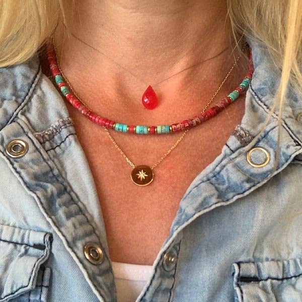 Collier cordon goutte pierre agate rose fushia facettée