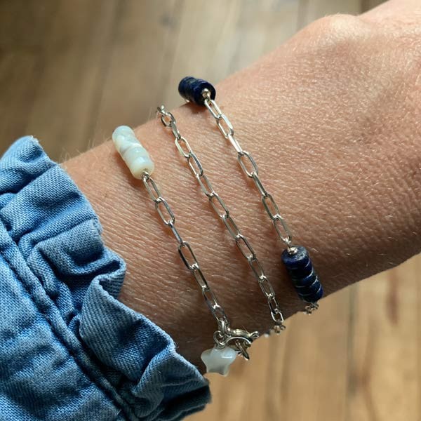 Silver chain bracelet rectangle lapis lazuli