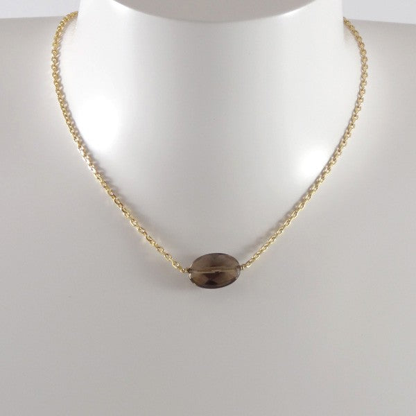 Collier chaine plaqué or Quartz Fumé ovale facetée