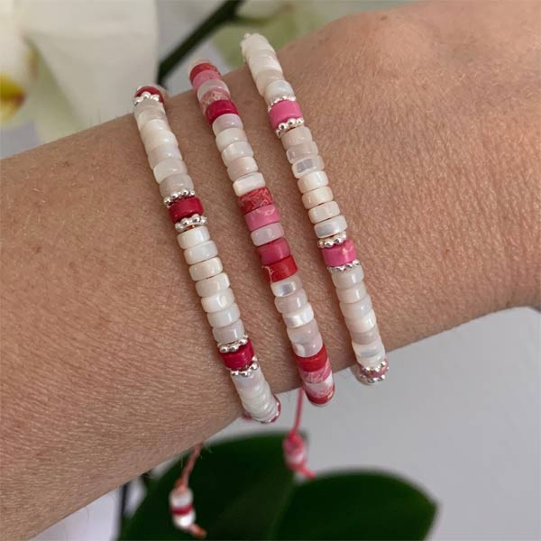 Bracelet Heishi nacre blanche et jaspe rose perles