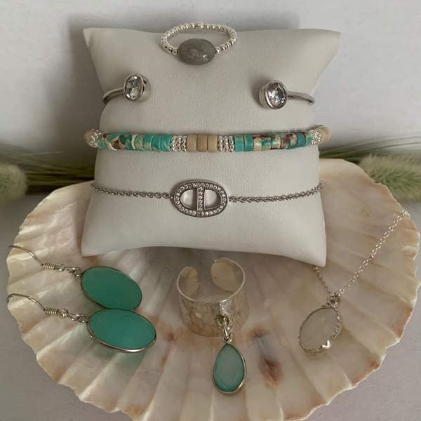 Collier chaine argent mini boules pierre de lune ovale