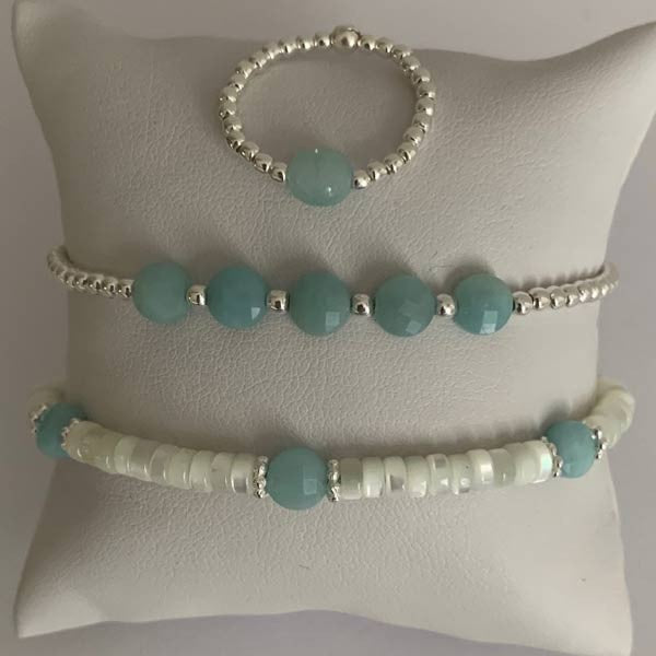 Mini flat amazonite silver pearl ring