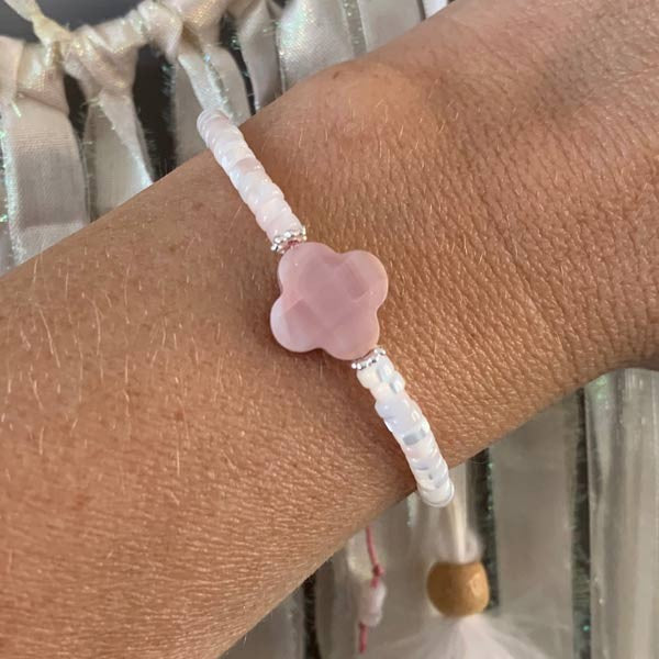 Heishi bracelet with pink mother-of-pearl cross and pearls