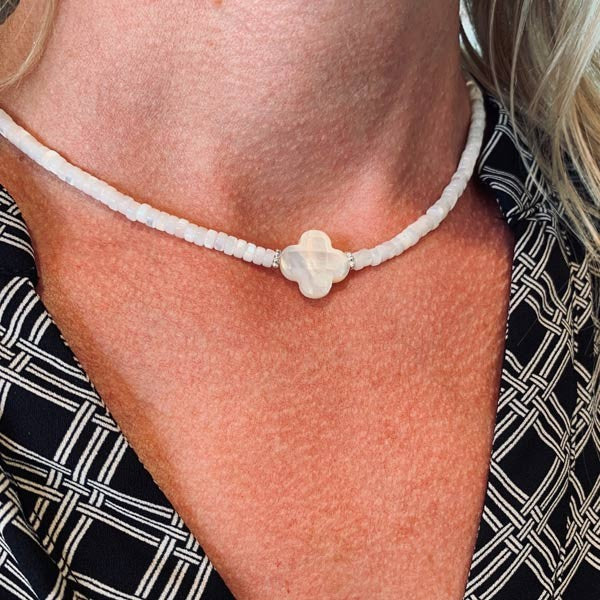 Heishi necklace with white mother-of-pearl cross and pearls