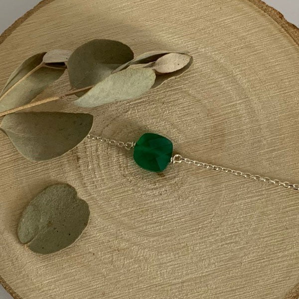 Silver chain bracelet mini faceted square stone green onyx