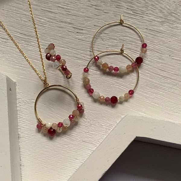 Gold filled ring chain necklace with pink stones