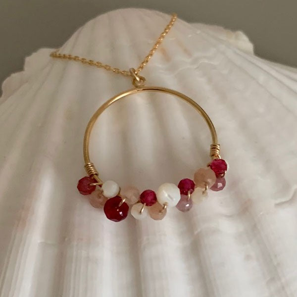 Gold filled ring chain necklace with pink stones