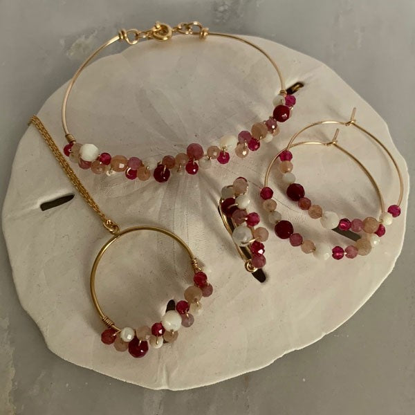 Gold filled ring chain necklace with pink stones