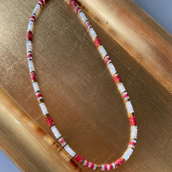 Heishi necklace with white mother-of-pearl and red jasper