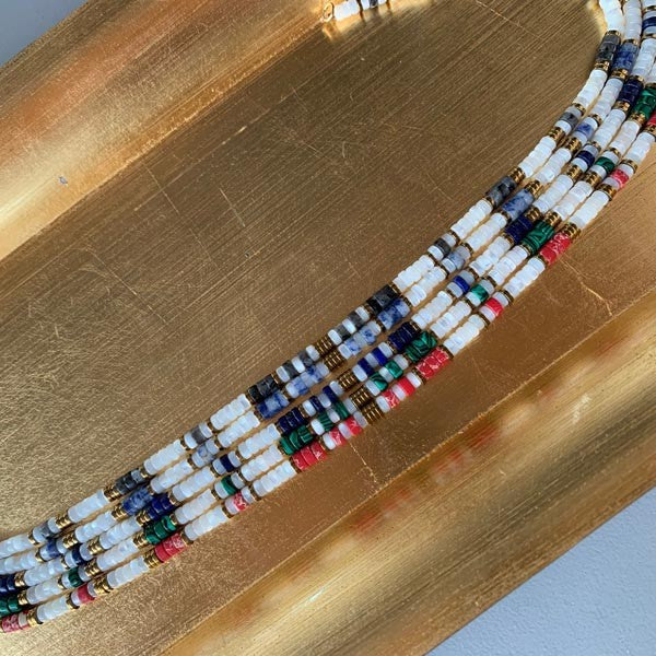 Heishi necklace with white mother-of-pearl and red jasper