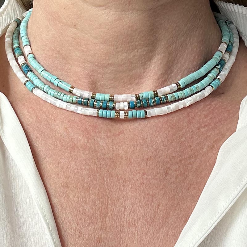 Heishi necklace with white mother-of-pearl cross and pearls