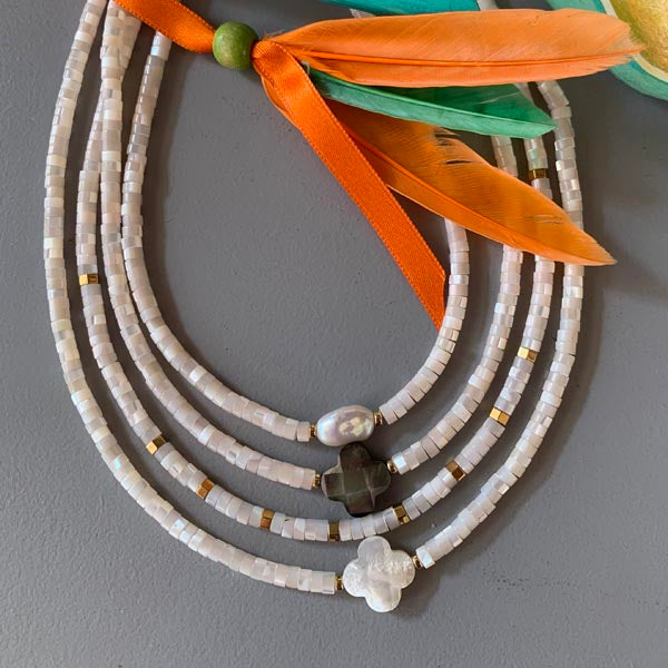 Heishi necklace with white mother-of-pearl cross and pearls