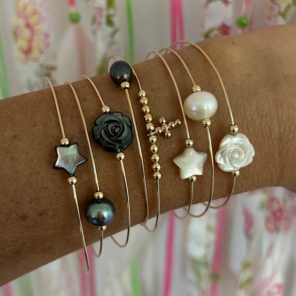 Fine gold filled bangle bracelet with white pearls