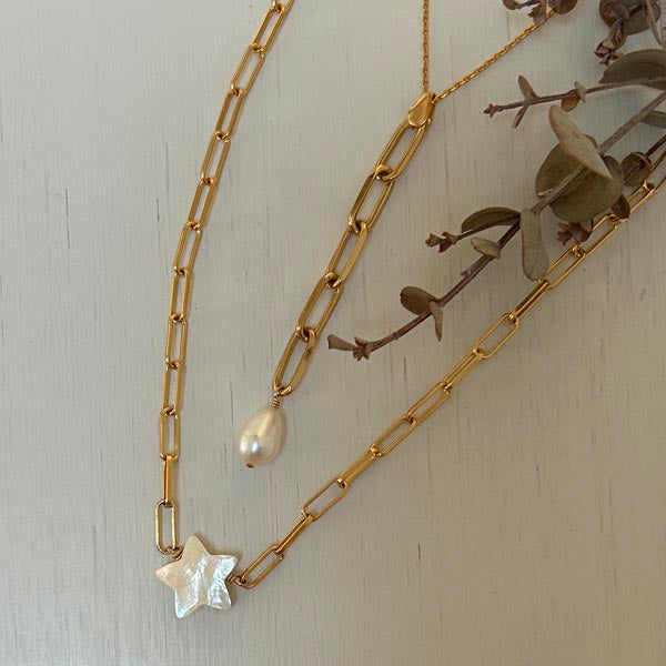 Gold plated chain necklace rectangle white freshwater pearl