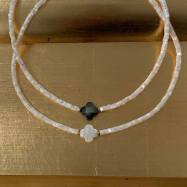 Heishi necklace with white mother-of-pearl cross and pearls