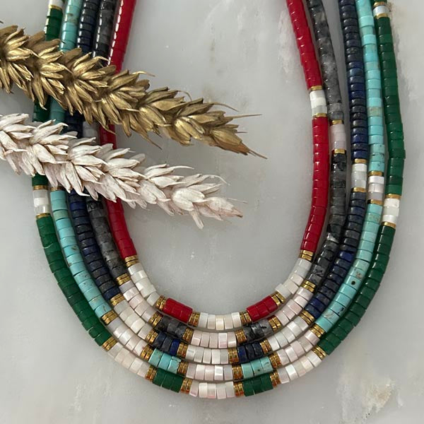 Heishi necklace with white mother-of-pearl cross and pearls